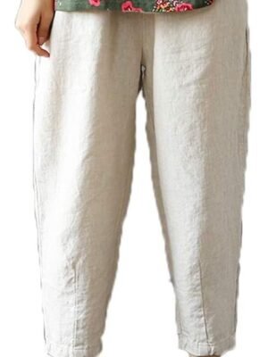 Women's Linen Cropped Pants Tapered Ankle Capris Trousers Elastic Waist