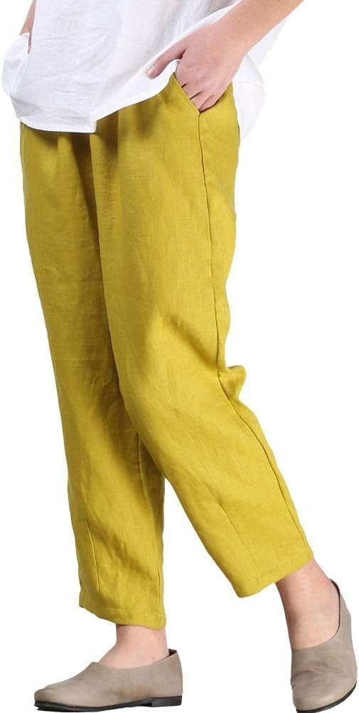 Women's Linen Cropped Pants Tapered Ankle Capris Trousers Elastic Waist