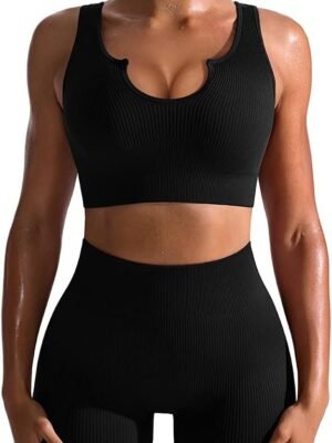 Workout Outfits for Women 2 Piece Seamless Ribbed High Waist Leggings with Sports Bra Exercise Set…