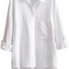Women's Long Sleeve Shirts Button Down Blouse Cotton Tunic High Low Tops