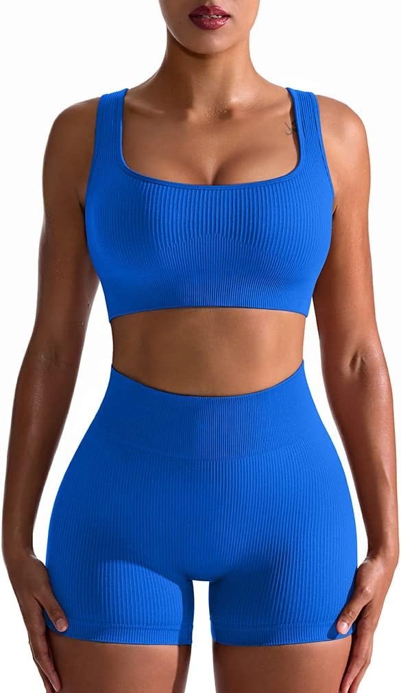 Workout Outfits for Women 2 Piece Seamless Ribbed High Waist Leggings with Sports Bra Exercise Set…