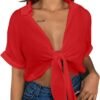 Womens Summer Short Sleeve Shirts V Neck Tie Knot Batwing Blouses Tops