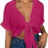 Womens Summer Short Sleeve Shirts V Neck Tie Knot Batwing Blouses Tops