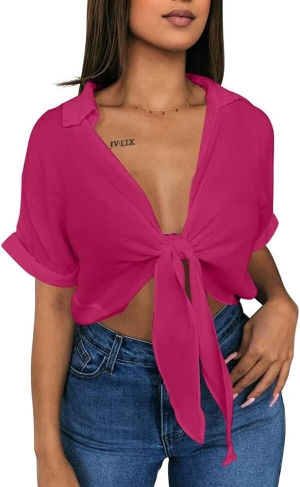 Womens Summer Short Sleeve Shirts V Neck Tie Knot Batwing Blouses Tops