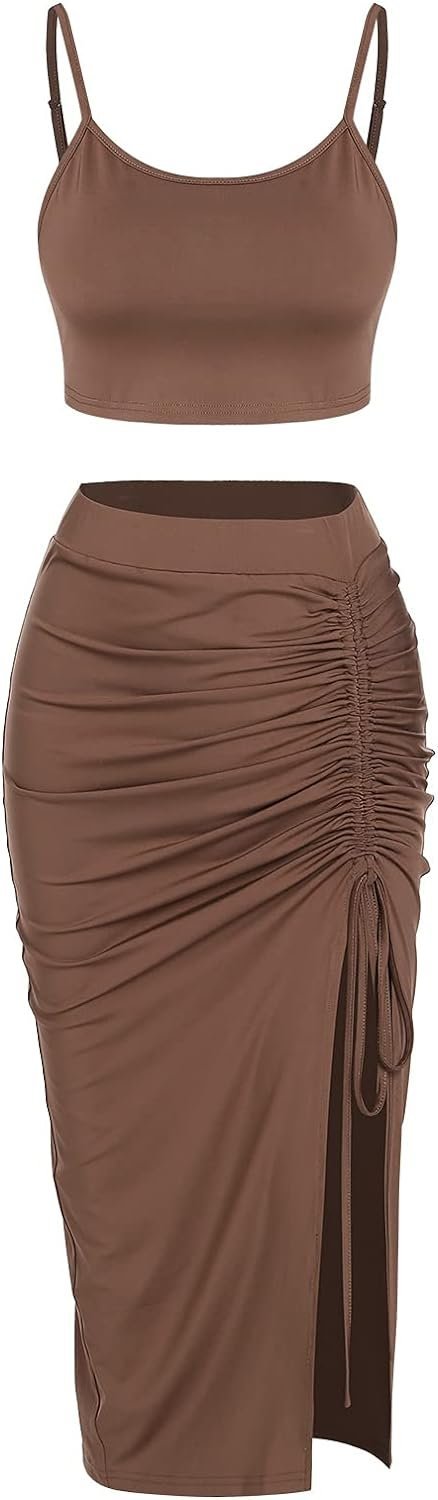Women’s 2 Pieces Skirt with Crop Tank, High-Slit Twist Skirt Set Bodycon Dress for Party Club Nightout Cocktail