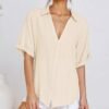 Womens Button Down Linen Shirts V Neck Roll Up Cuffed Sleeve Blouses Loose Collared Shirt Casual Formal Work Office Tops