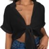 Womens Summer Short Sleeve Shirts V Neck Tie Knot Batwing Blouses Tops