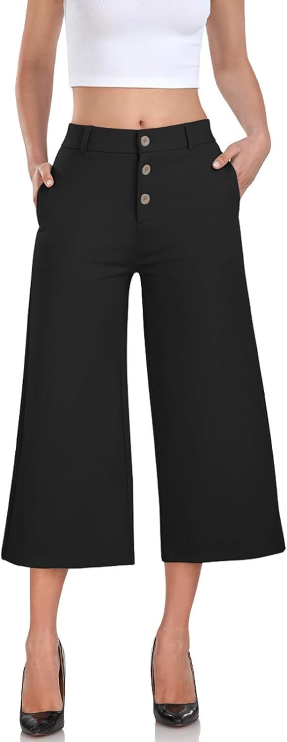 51LfPzVka7L._AC_SL1500.jpg RIMLESS 7 Wide Leg Pants for Women Fashion Twill Cropped Trousers Business Casual Dress Pants Stretch Capris Work Slacks