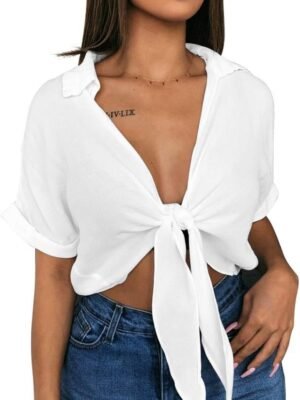 Womens Summer Short Sleeve Shirts V Neck Tie Knot Batwing Blouses Tops