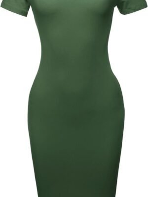 Women's Solid Fitted Classic Short Sleeve Premium Cotton Midi Dress