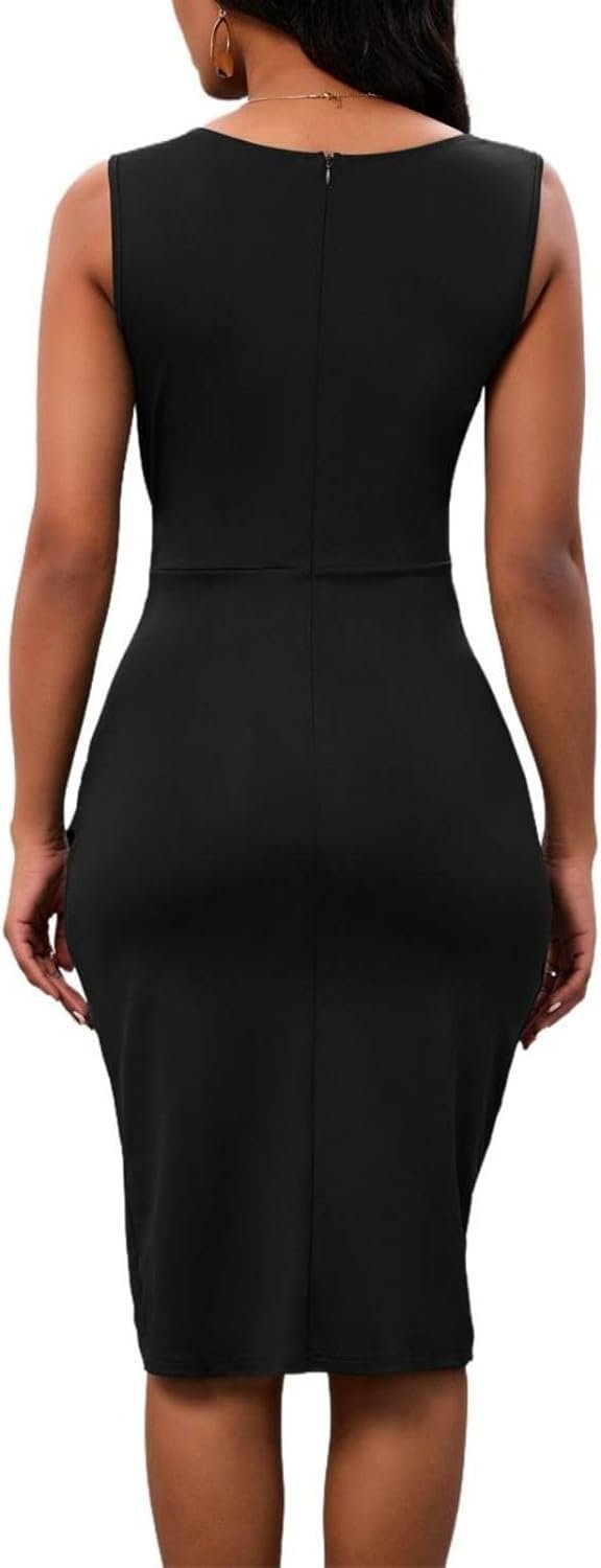 Women's Sexy Sleeveless V Neck Bodycon Dress Wedding Guest Cocktail Evening Party Work Faux Wrap Ruched Midi Dresses