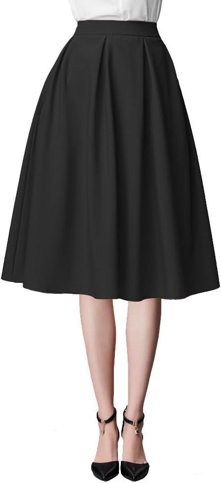 Women's Flared A line Pocket Skirt High Waist Pleated Midi Skirt
