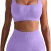 Workout Outfits for Women 2 Piece Seamless Ribbed High Waist Leggings with Sports Bra Exercise Set…