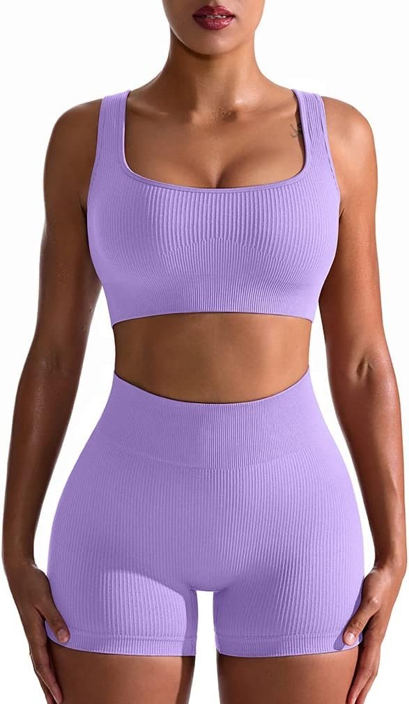 Workout Outfits for Women 2 Piece Seamless Ribbed High Waist Leggings with Sports Bra Exercise Set…