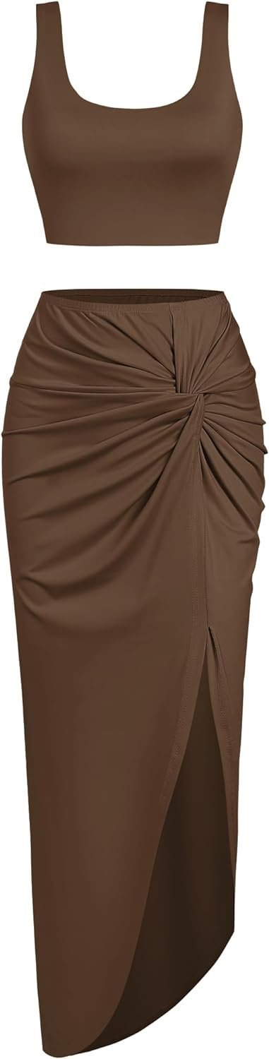 Women’s 2 Pieces Skirt with Crop Tank, High-Slit Twist Skirt Set Bodycon Dress for Party Club Nightout Cocktail