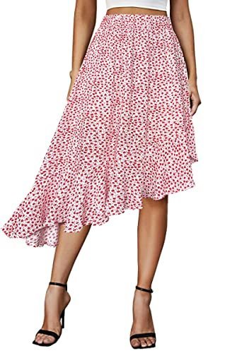 Women's Boho Floral High Waisted High Low Asymmetric Hem Midi Skirt