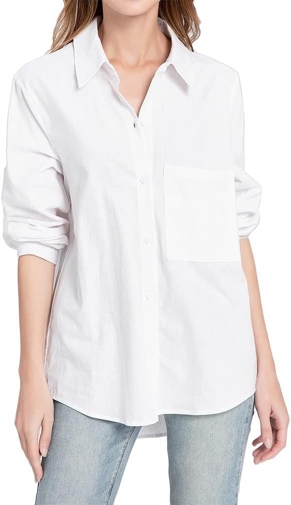 Women's Long Sleeve Shirts Button Down Blouse Cotton Tunic High Low Tops