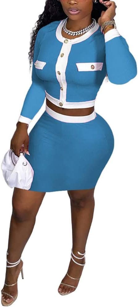 Womens Casual Plaid 2 Piece Outfits Long Sleeve Jacket Crop Top Bodycon Mini Skirt Set Plaid Suits Stripe Suits