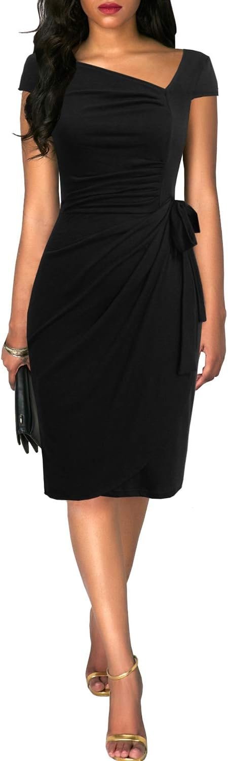 Women's Retro 1950s Cap Sleeve Knee-Length Sheath Slim Business Casual Party Ruched Bodycon Faux Wrap Dress