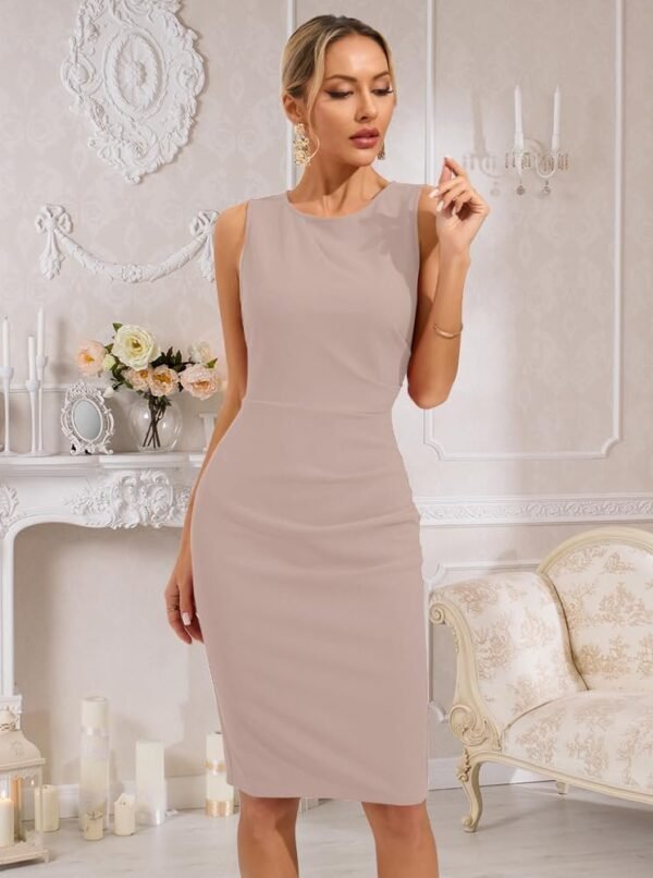 Womens Crew Neck Sleeveless Ruched Bodycon Sheath Work Cocktail Party Pencil Dresses