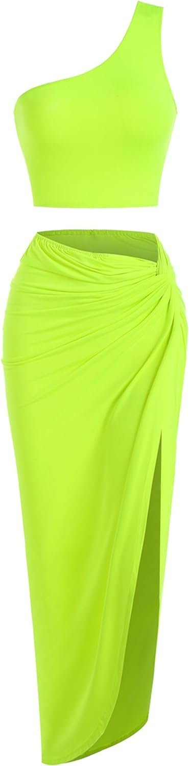 Women’s 2 Pieces Skirt with Crop Tank, High-Slit Twist Skirt Set Bodycon Dress for Party Club Nightout Cocktail