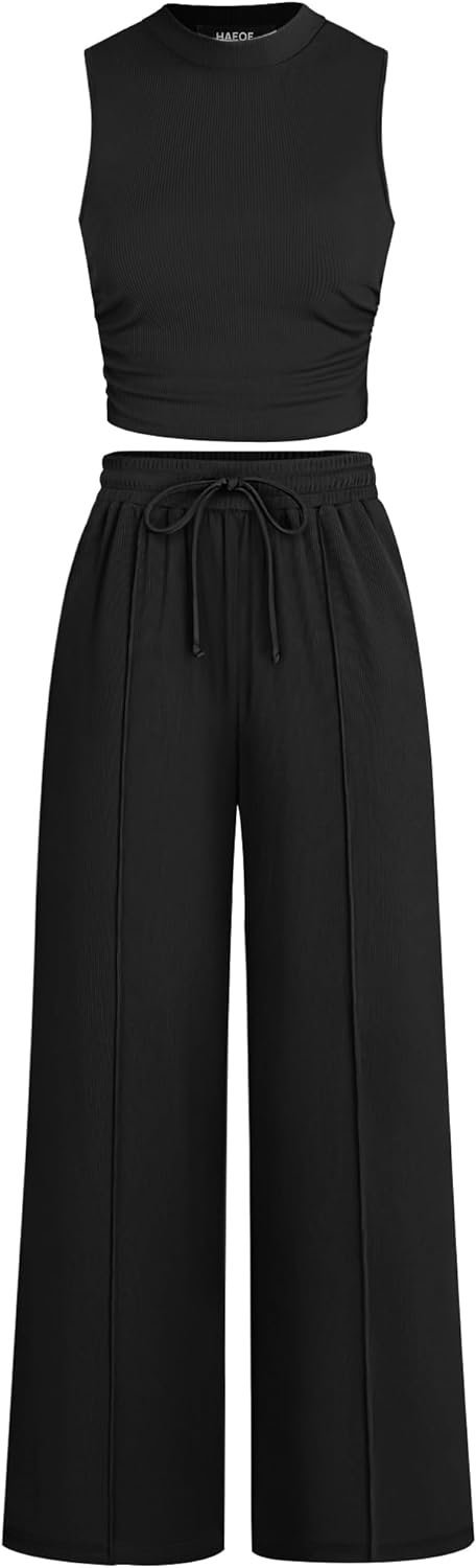 Women's 2024 Lounge Sets 2 Piece Summer Outfits Ribbed Crop Tank Tops Elastic High Waist Wide Leg Pants Matching Set