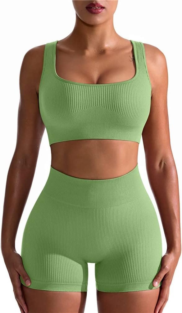 Workout Outfits for Women 2 Piece Seamless Ribbed High Waist Leggings with Sports Bra Exercise Set…