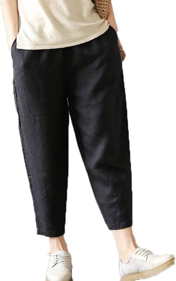 Women's Linen Cropped Pants Tapered Ankle Capris Trousers Elastic Waist