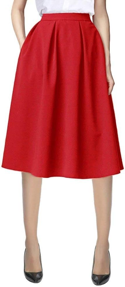 Women's Flared A line Pocket Skirt High Waist Pleated Midi Skirt