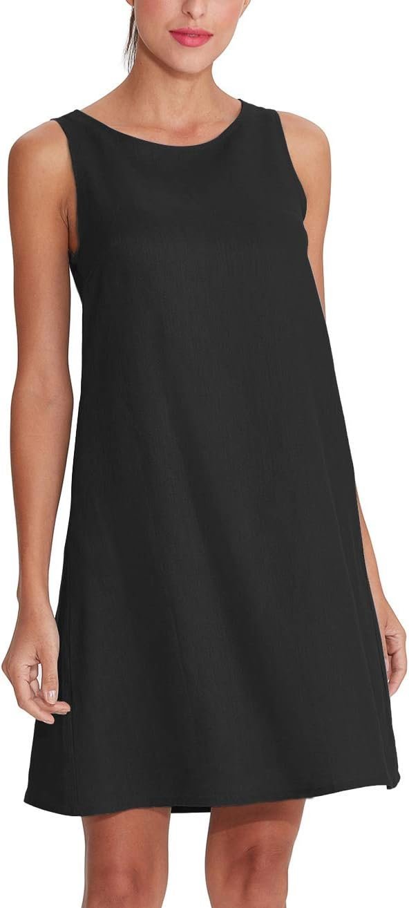Women's Linen Sleeveless Shift Dress with Pockets Crew Neck Casual Tank Dress