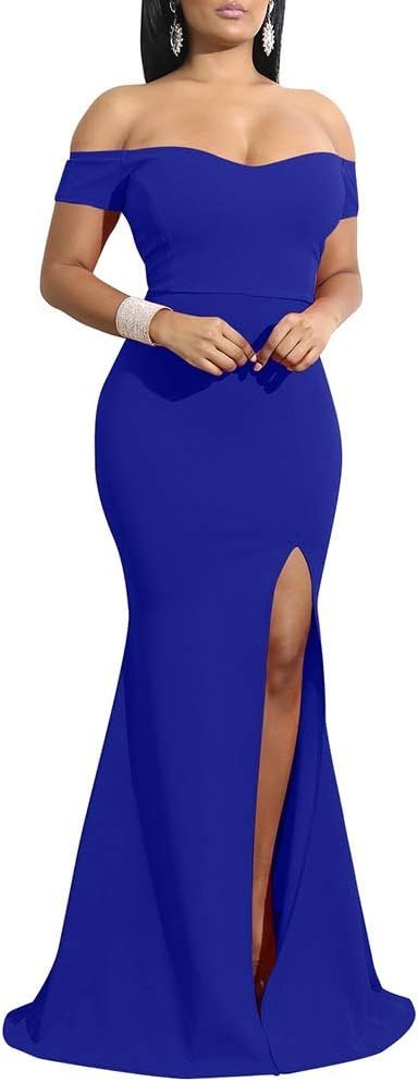 Women's Off Shoulder High Split Long Formal Party Dress Evening Gown