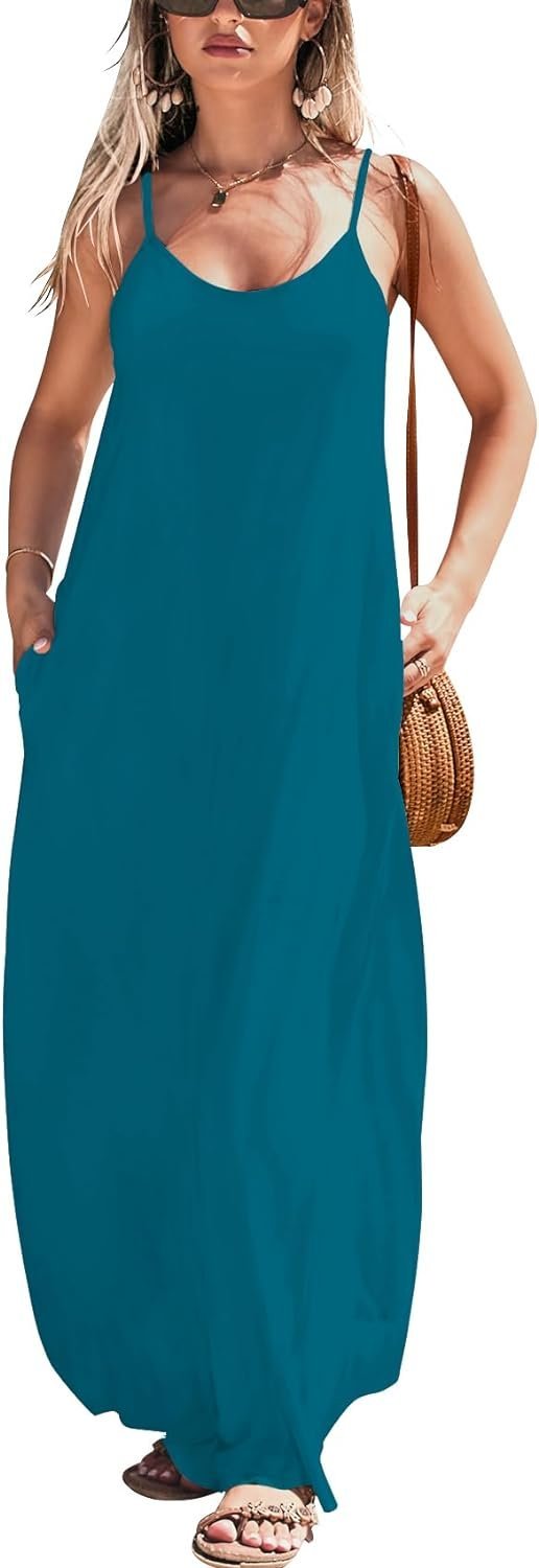 Women Summer Casual Bohemian Maxi Dress V-Neck Sleeveless Flowy Boho Floral Beach Long Dress with Pockets