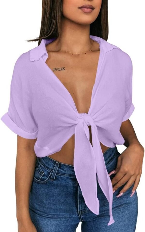 Womens Summer Short Sleeve Shirts V Neck Tie Knot Batwing Blouses Tops