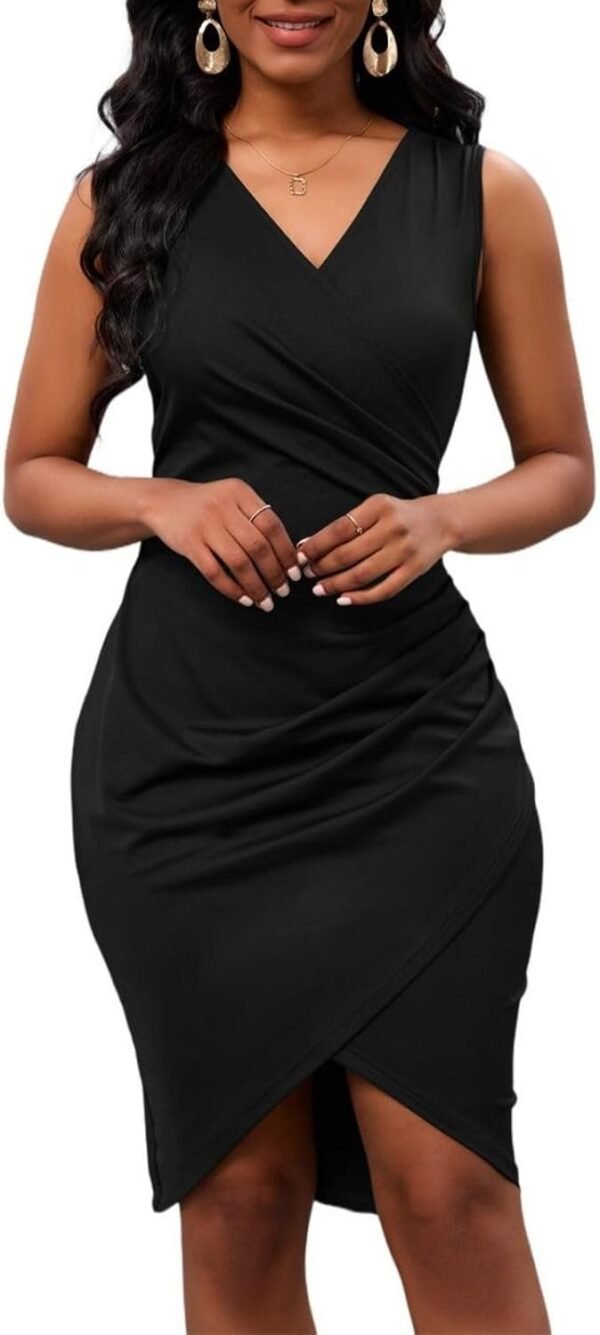 Women's Sexy Sleeveless V Neck Bodycon Dress Wedding Guest Cocktail Evening Party Work Faux Wrap Ruched Midi Dresses