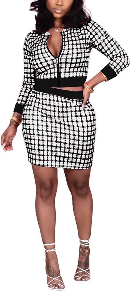 Womens Casual Plaid 2 Piece Outfits Long Sleeve Jacket Crop Top Bodycon Mini Skirt Set Plaid Suits Stripe Suits