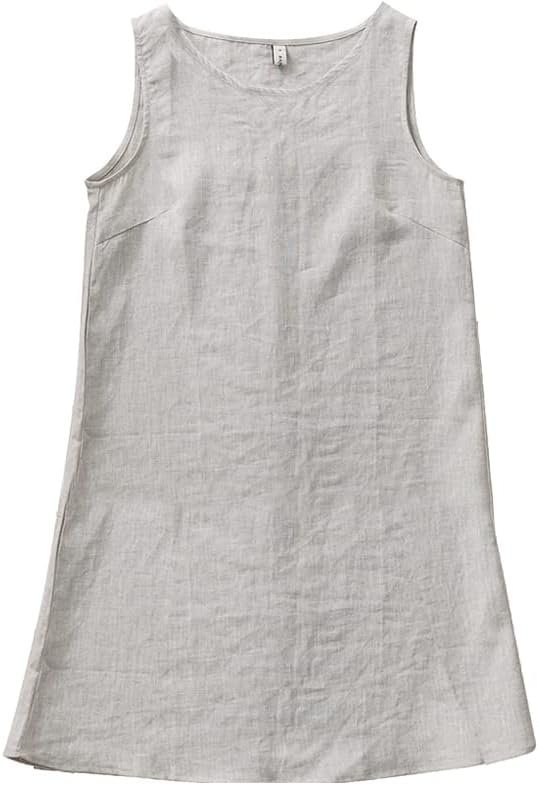 Women's Linen Sleeveless Shift Dress with Pockets Crew Neck Casual Tank Dress