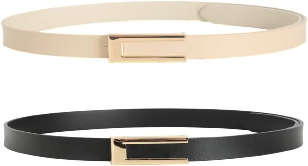 Womens Leather Belt Skinny Waist Belt for Dresses Jeans Pants with Gold Buckle