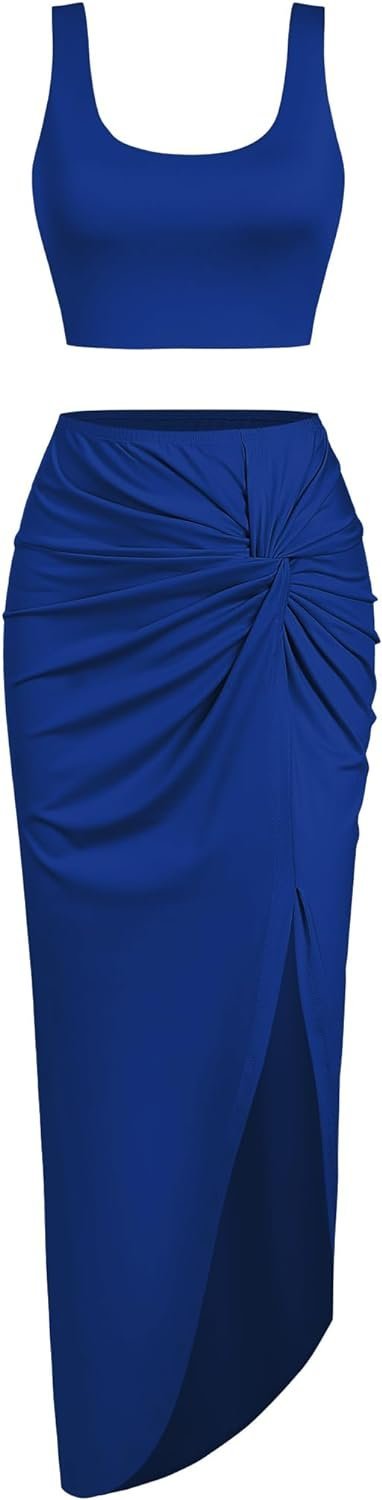Women’s 2 Pieces Skirt with Crop Tank, High-Slit Twist Skirt Set Bodycon Dress for Party Club Nightout Cocktail