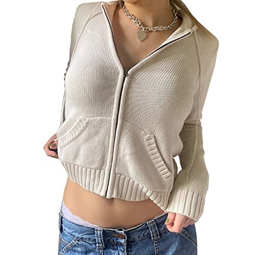Women Zip Up Long Sleeve Crop Hooded Tops Ribbed Knit Cropped Hoodie Jacket Y2k Cute Sweater Pullover