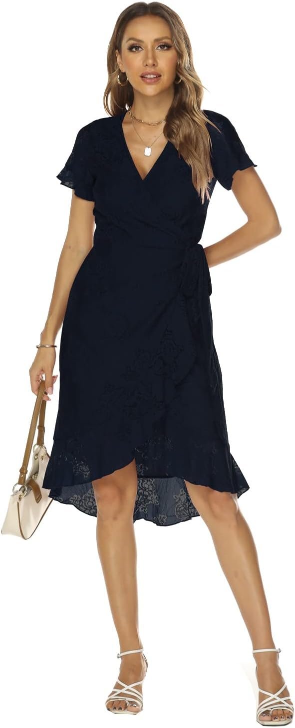 Women's Classic Floral Lace V Neck Wrap Dress Wedding Guest Ruffle Hem Split High Low Midi Cocktail Dresses 942
