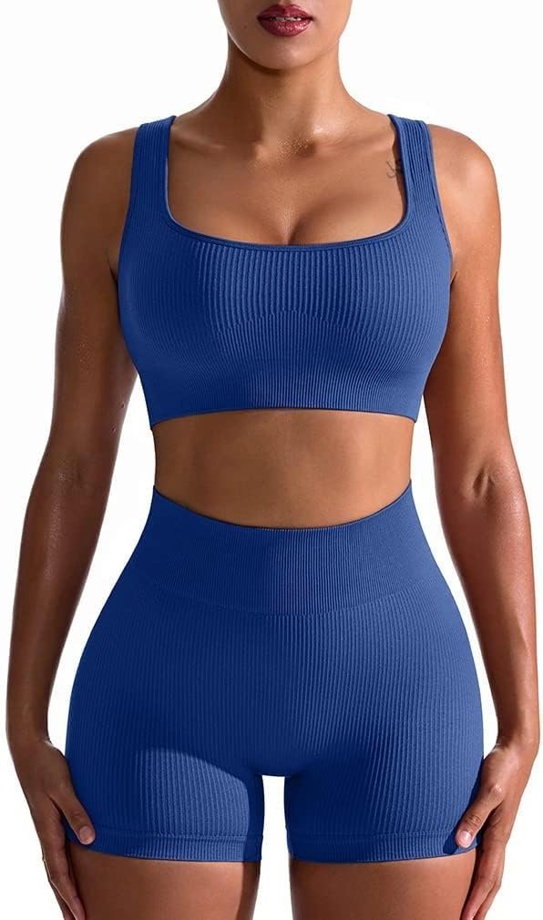 Workout Outfits for Women 2 Piece Seamless Ribbed High Waist Leggings with Sports Bra Exercise Set…