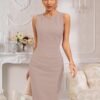 Womens Crew Neck Sleeveless Ruched Bodycon Sheath Work Cocktail Party Pencil Dresses