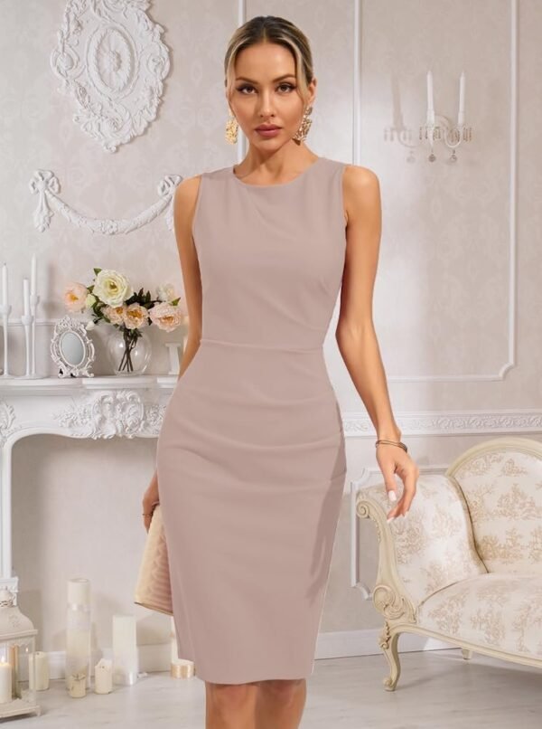 Womens Crew Neck Sleeveless Ruched Bodycon Sheath Work Cocktail Party Pencil Dresses