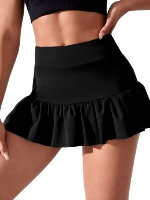 Women Stretchy Flared Ruffle Layered Mini Tennis Skater Skirts with Short