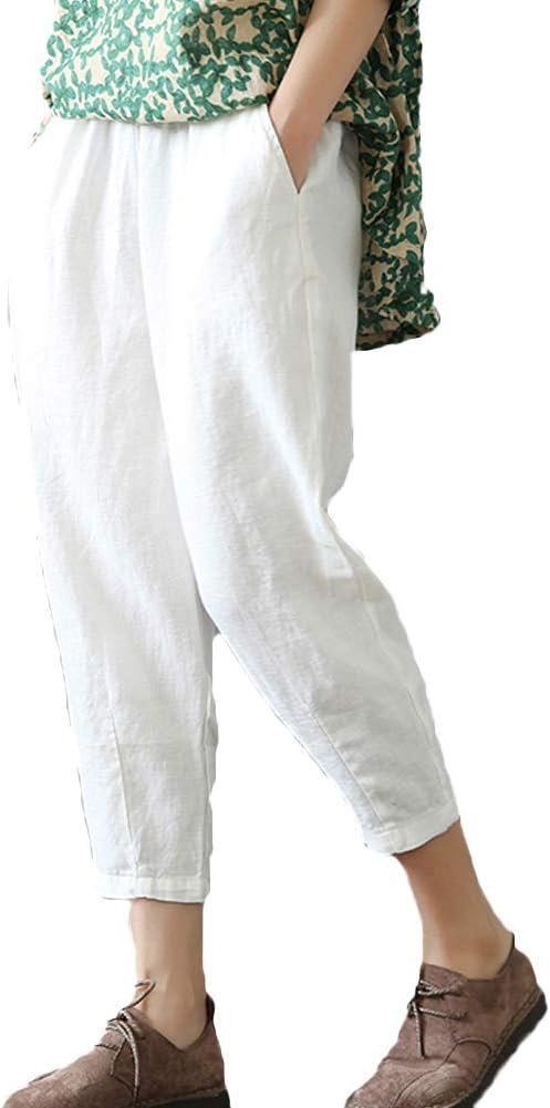 Women's Linen Cropped Pants Tapered Ankle Capris Trousers Elastic Waist