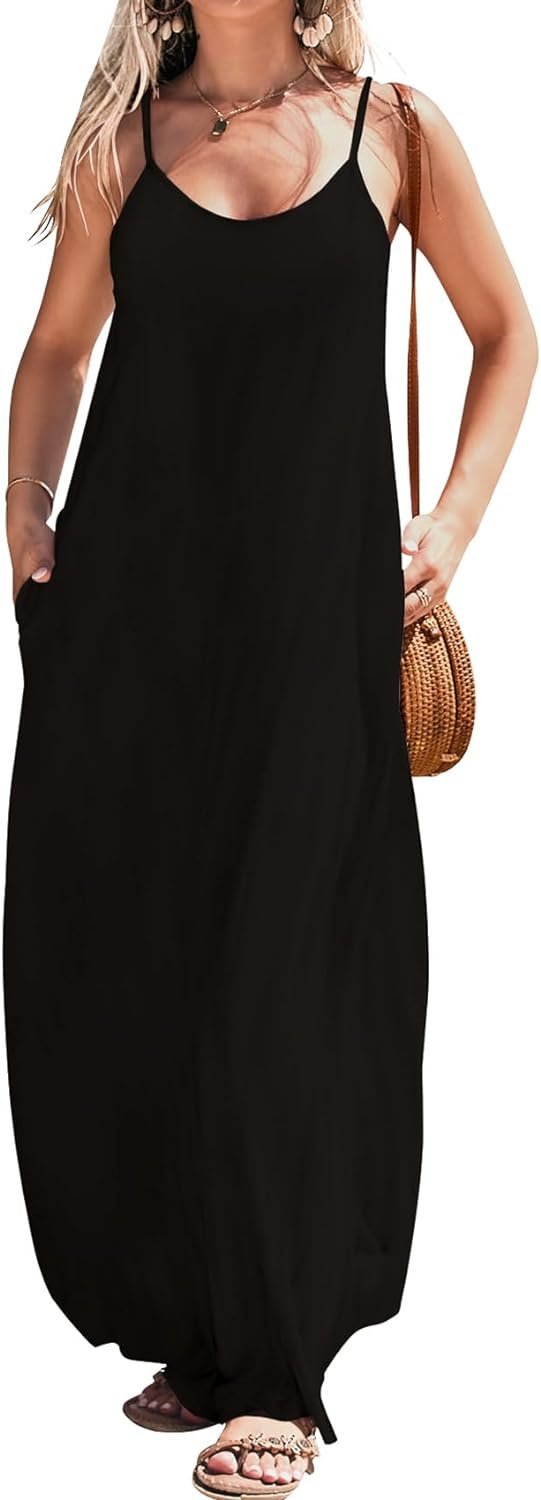 Women Summer Casual Bohemian Maxi Dress V-Neck Sleeveless Flowy Boho Floral Beach Long Dress with Pockets