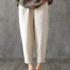 Women's Linen Cropped Pants Tapered Ankle Capris Trousers Elastic Waist