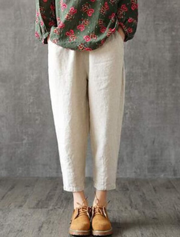 Women's Linen Cropped Pants Tapered Ankle Capris Trousers Elastic Waist