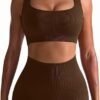 Workout Outfits for Women 2 Piece Seamless Ribbed High Waist Leggings with Sports Bra Exercise Set…