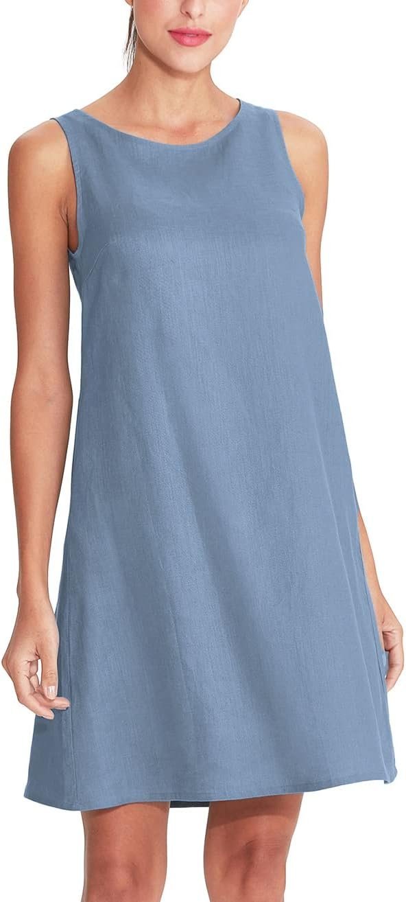Women's Linen Sleeveless Shift Dress with Pockets Crew Neck Casual Tank Dress